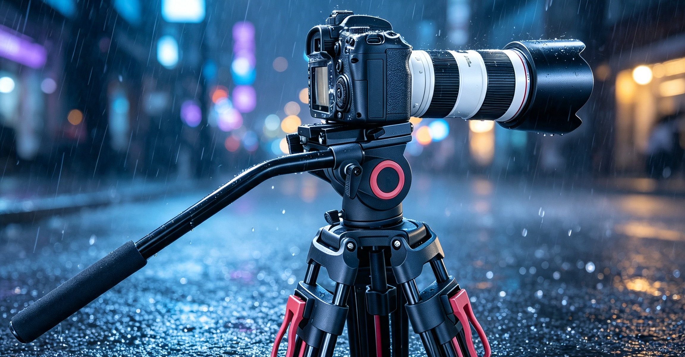 Professional camera and telephoto lens supported by a fluid head during outdoor night production