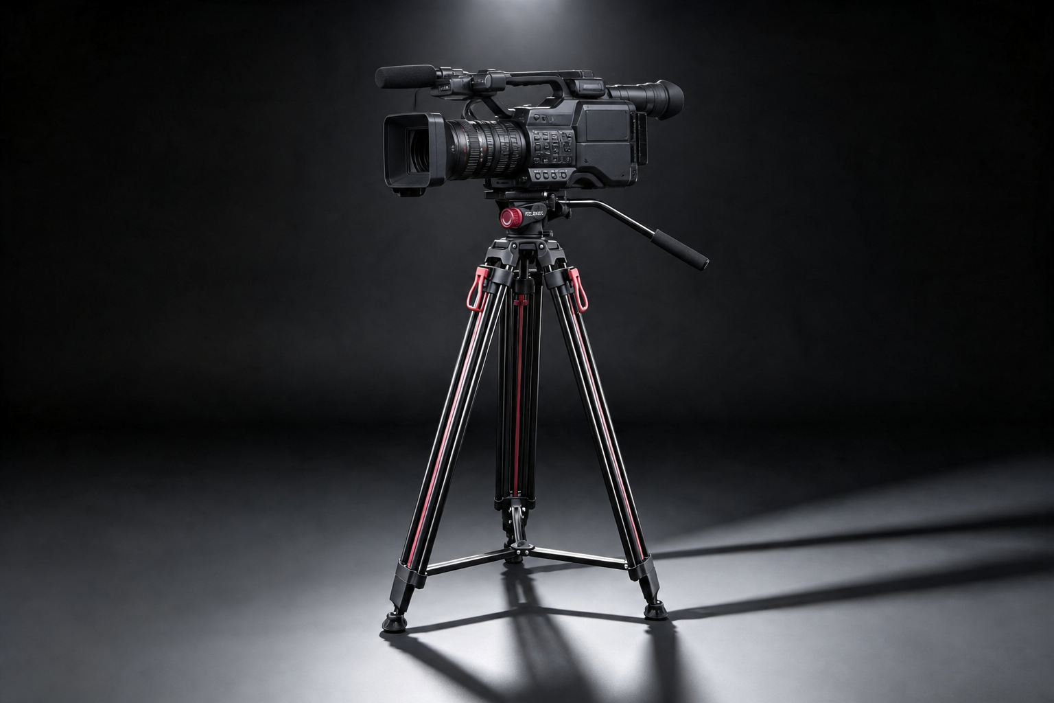 Large professional broadcast video camera mounted on a FOLDRIX tripod system in a dark studio