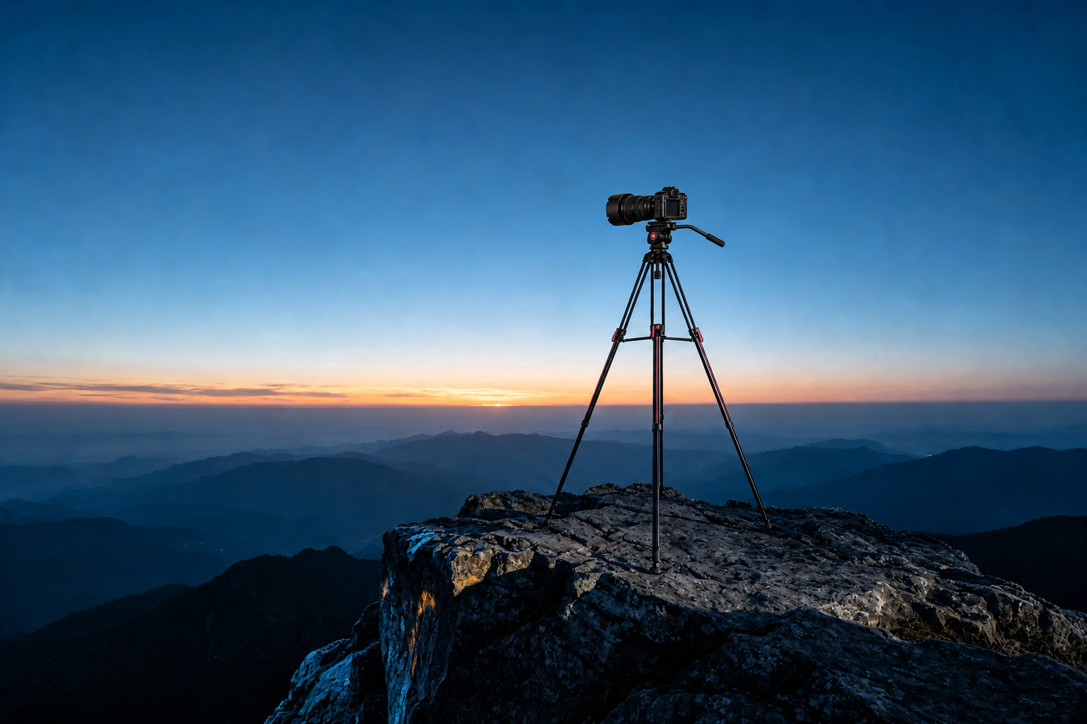 Professional camera mounted on a FOLDRIX tripod on a mountain at sunrise